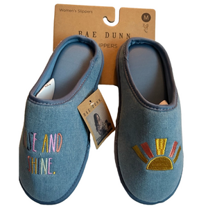 Rae Dunn Woman’s Denim Slippers Rise & Shine NWT